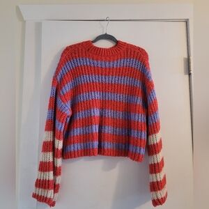 Striped Cropped Knit Sweater in Red, Lavender & Cream